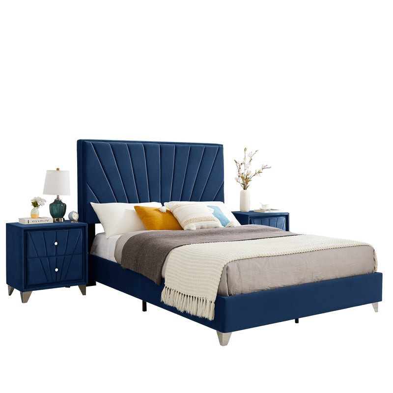 B108 Full bed with two nightstands, Beautiful line stripe cushion headboard , strong wooden slats + metal legs with Electroplate