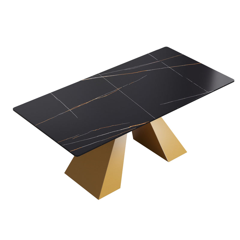 70.87" Modern Artificial Stone Straight Edge Golden Metal Leg Dining Table, Can Accommodate 6-8 People - Black / Gold