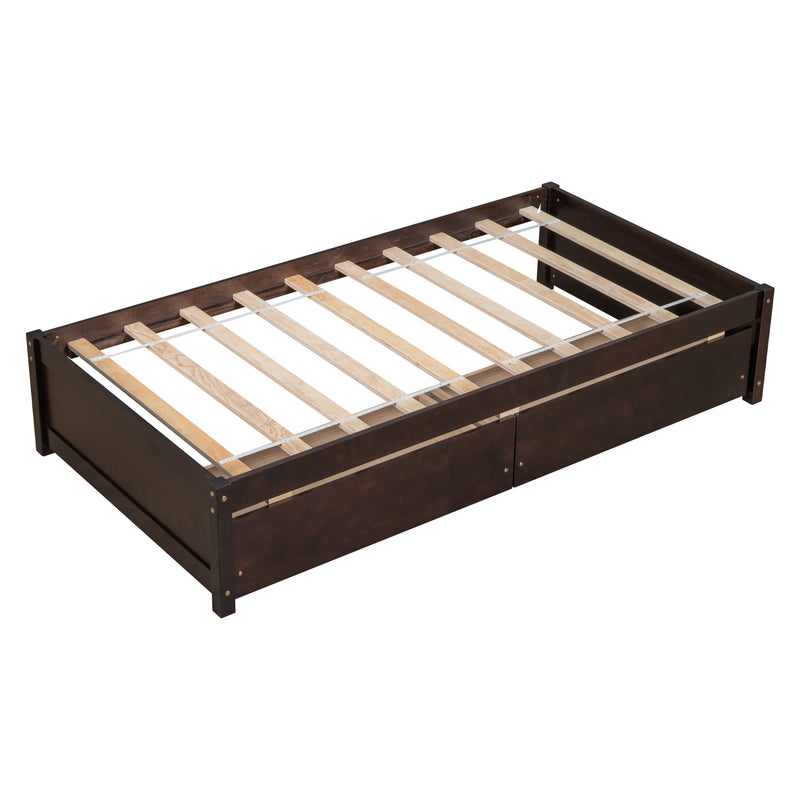 Twin Bed with 2 Drawers, Solid Wood, No Box Spring Needed ,Espresso(New SKU:W504P149043)