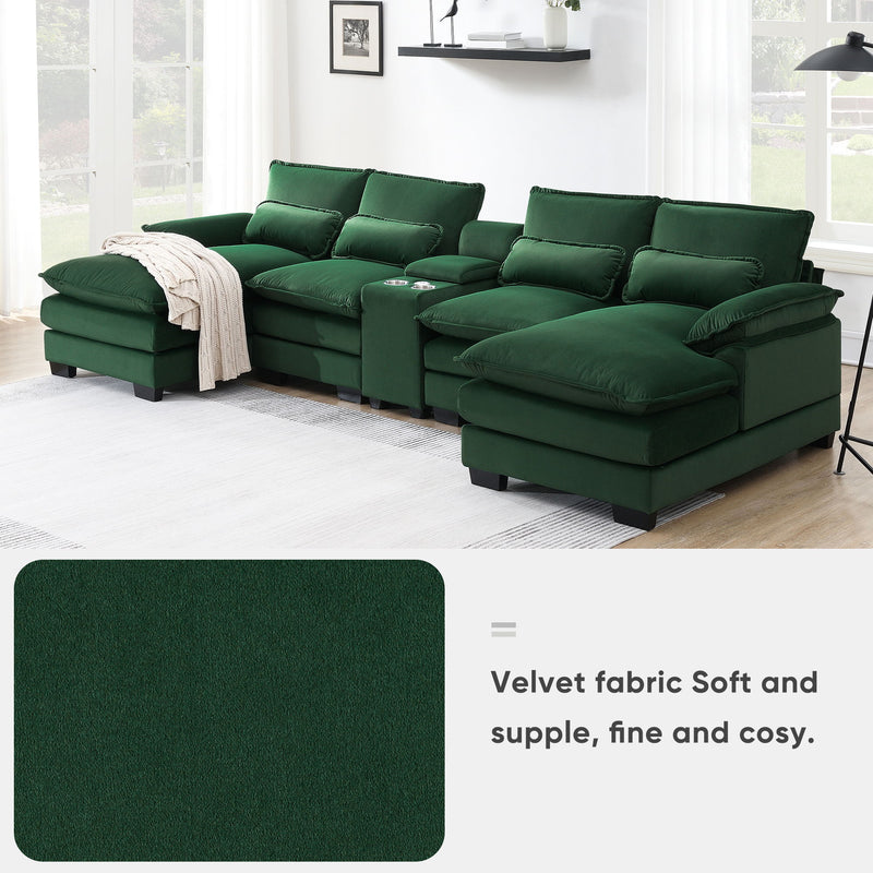 Modern U Shaped Sofa With Console, Cupholders And USB Ports, 6 Seat Upholstered Symmetrical Indoor Furniture, Sleeper Couch Set With Chaise For Living Room, Apartment, 5 Colors - Green