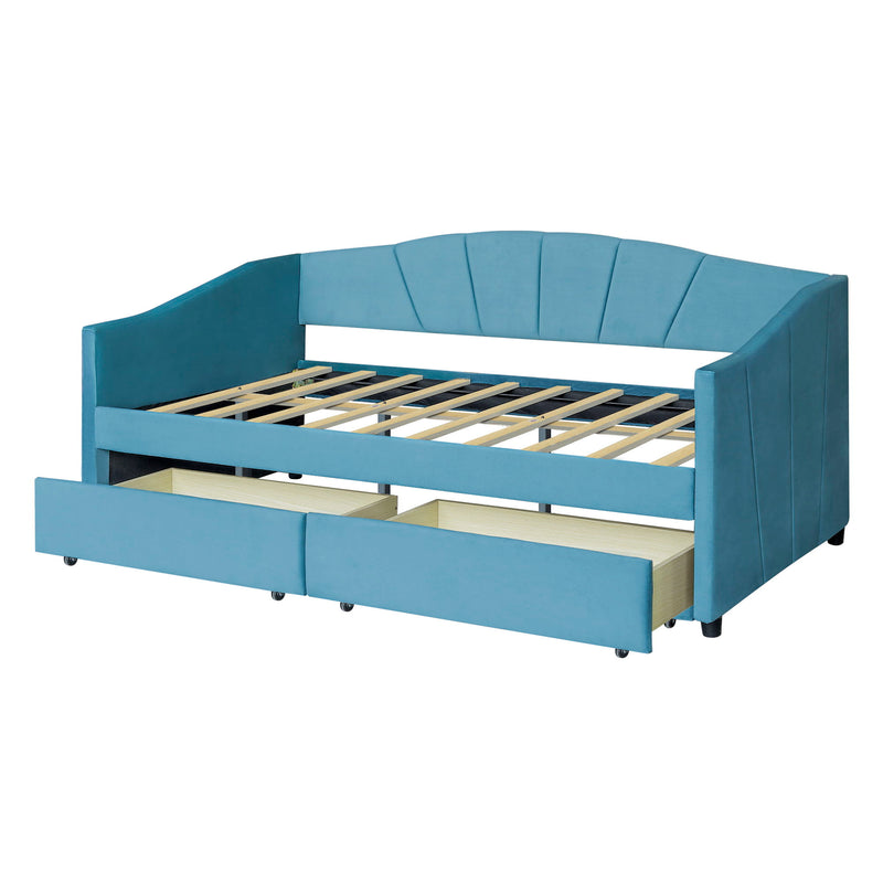 Twin Size Upholstered Daybed With Two Drawers And Wood Slat - Blue