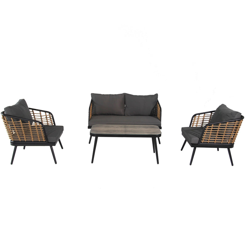 4 Pieces Patio Furniture Set, PE Rattan Wicker With Washable Cushion And Tempered Glass Tabletop, Conversation Furniture For Garden Poolside Balcony