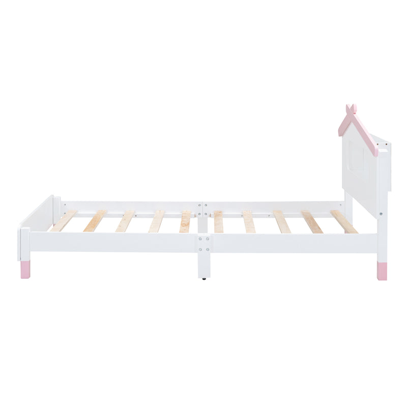 Twin Size Wood Platform Bed with House-shaped Headboard and Motion Activated Night Lights (White+Pink)