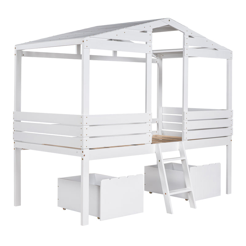 Twin Size Low Loft Wood House Bed with Two Drawers, White