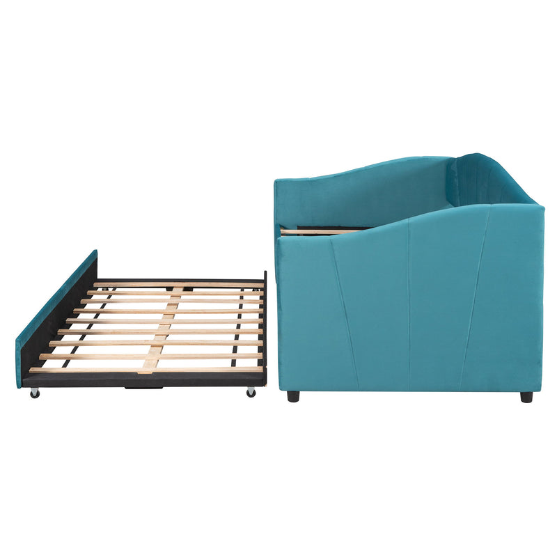 Twin Size Upholstered Daybed Sofa Bed With Trundle Bed And Wood Slat - Blue