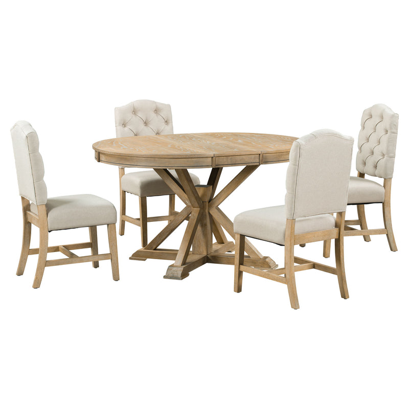 Functional Furniture Retro Style Dining Table Set With Extendable Table And 4 Upholstered Chairs For Dining Room And Living Room