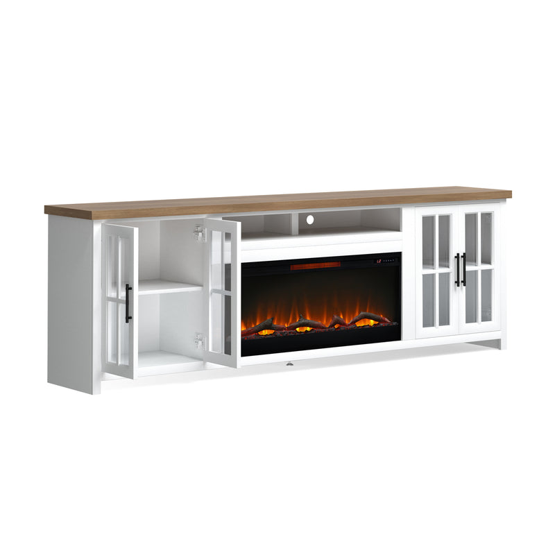 Bridgevine Home Hampton 97 inch Fireplace TV Stand Console for TVs up to 100 inches, Minimal Assembly, Jasmine Whitewash and Barnwood Finish