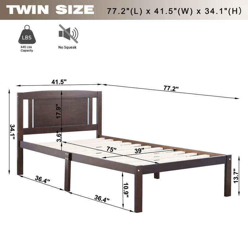 Twin Size Bed, Wood Platform Bed Frame with Headboard For Kids, Slatted, Dark Walnut