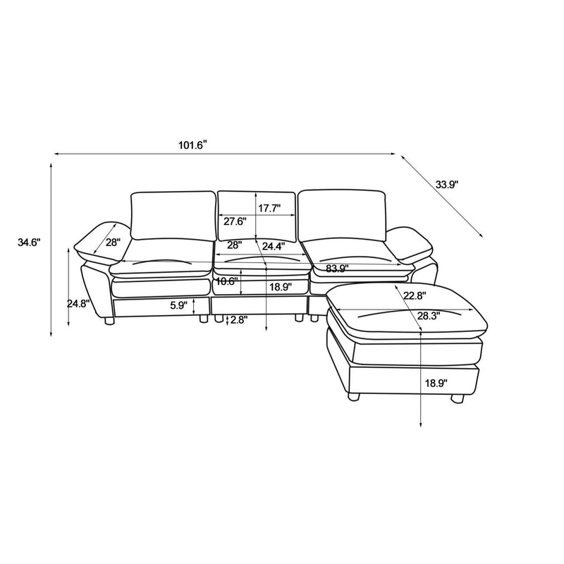 Modern Deep 3-Seat Sofa Couch With Ottoman, Polyester Sofa Sleeper Comfy Upholstered Furniture For Living Room, Apartment, Studio, Office