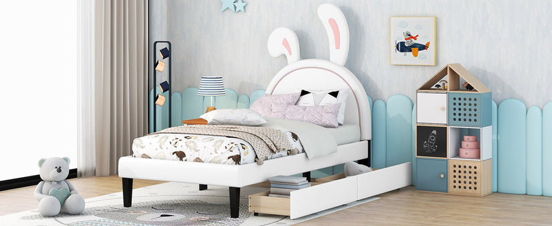 Twin Size Upholstered Leather Platform Bed with Rabbit Ornament and 2 Drawers, White