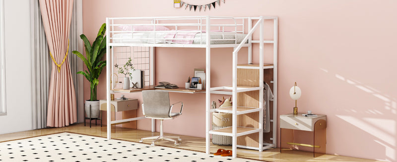 Twin Size Metal Loft Bed with Desk and Metal Grid, Stylish Metal Frame Bed with Lateral Storage Ladder and Wardrobe, White