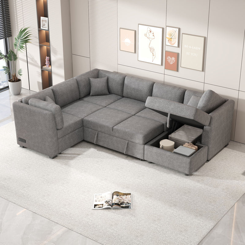 U-Shaped Sectional Sofa Pull Out Sofa Bed With Two USB Ports, Two Power Sockets, Three Back Pillows And A Storage Chaise For Living Room