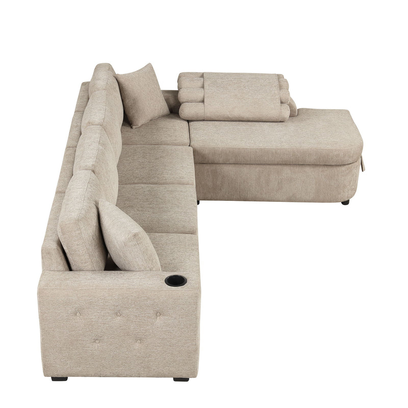 L-Shaped Couch Sectional Sofa With Storage Chaise, Cup Holder And USB Ports For Living Room