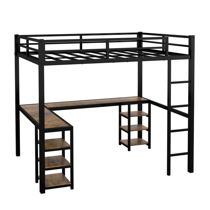 Twin XL Metal Loft Bed with Desk and Shelves, Loft Bed with Ladder and Guardrails, Loft Bed Frame for Bedroom, Black