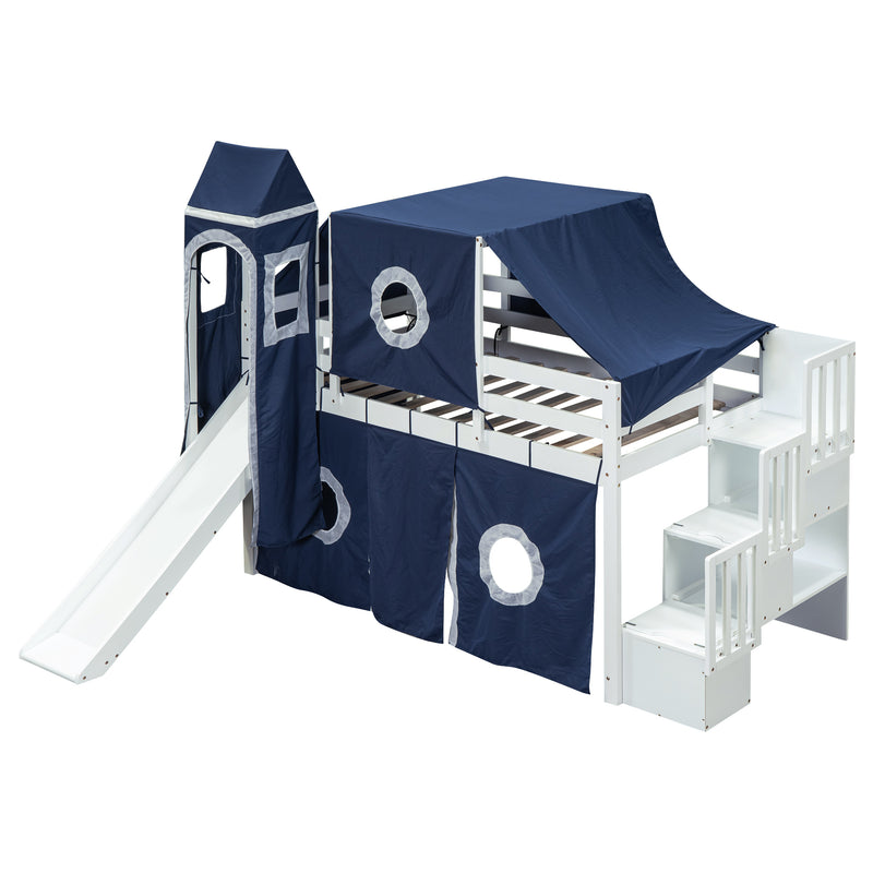 Twin Size Loft Bed with Tent and Tower - Blue