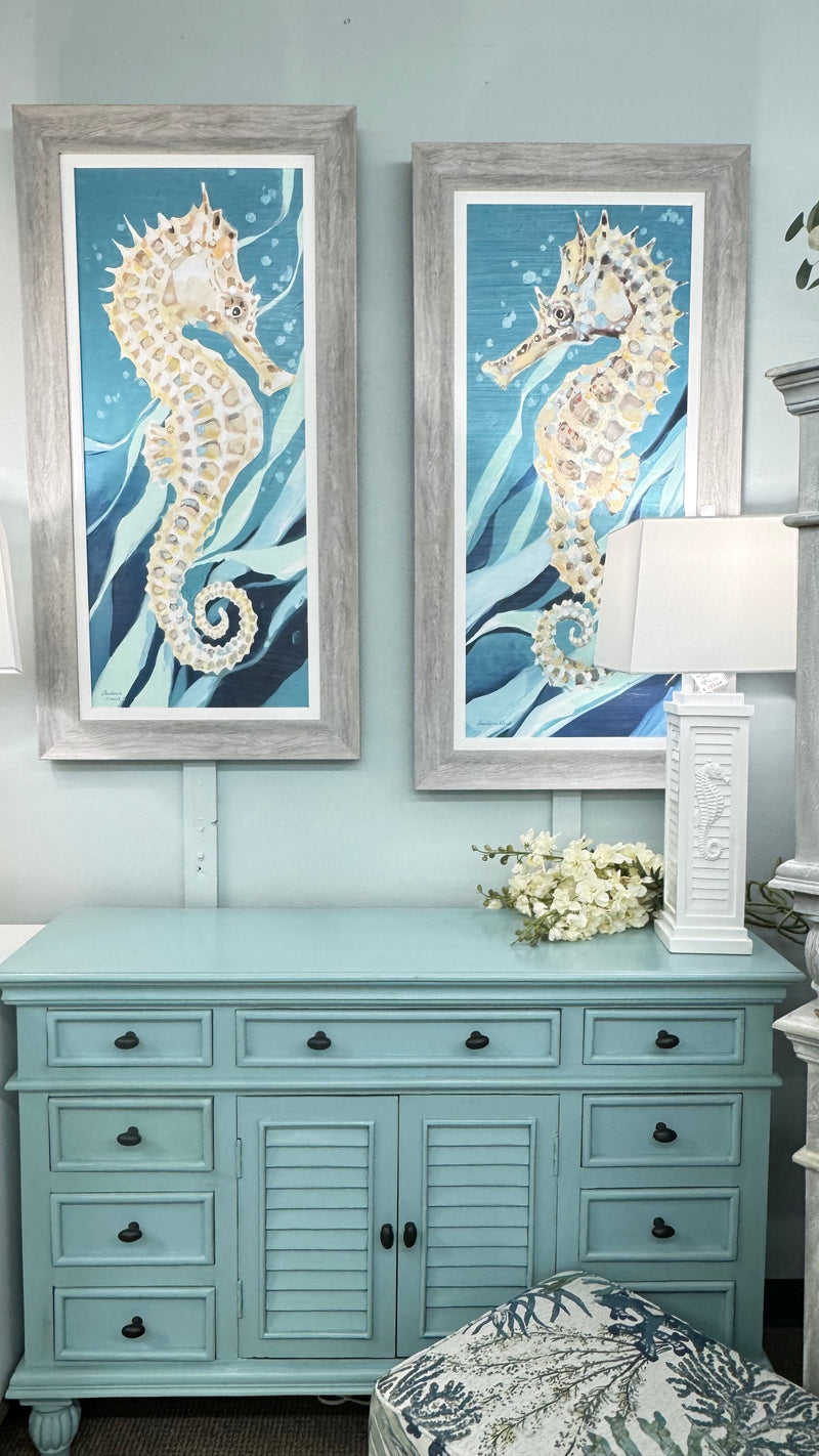 Seahorse on Teal A and B - Set of Two. Coastal Art