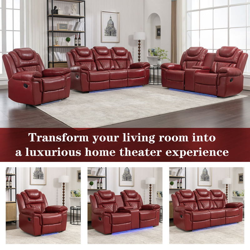 Home Theater Seating Manual Recliner Loveseat With Hide-Away Storage, Cup Holders And Led Light Strip For Living Room