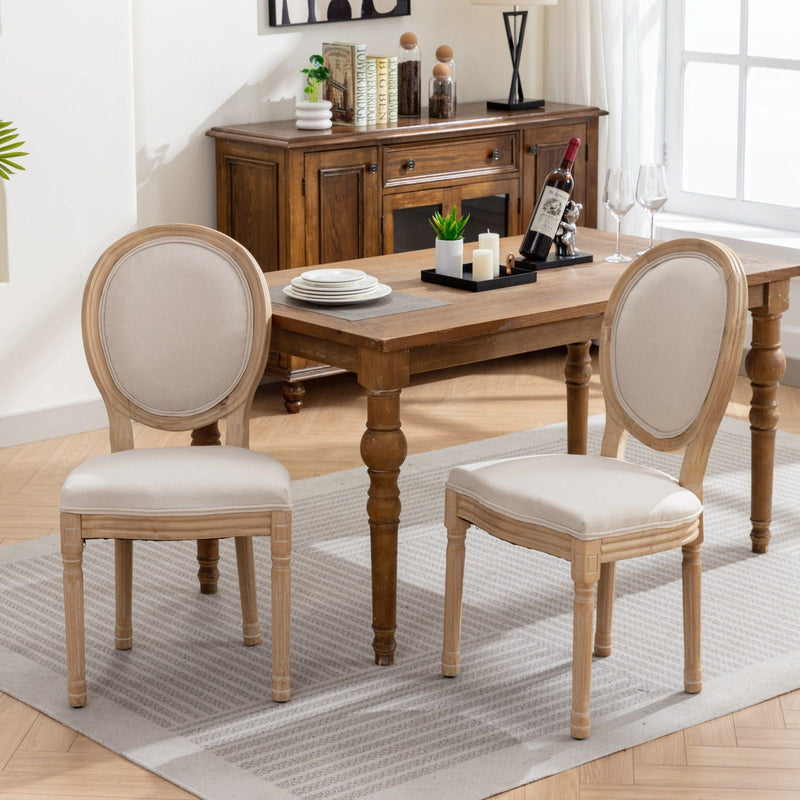 French Style Solid Wood Frame Antique Painting Linen Fabric Back Dining Chair (Set of 2)