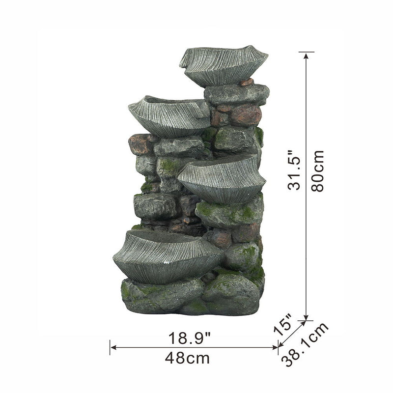 Indoor Outdoor Stone Water Fountain, 4 Tier Polyresin Cascading Rock Bowl Freestanding Fountain With LED Ligh - Gray