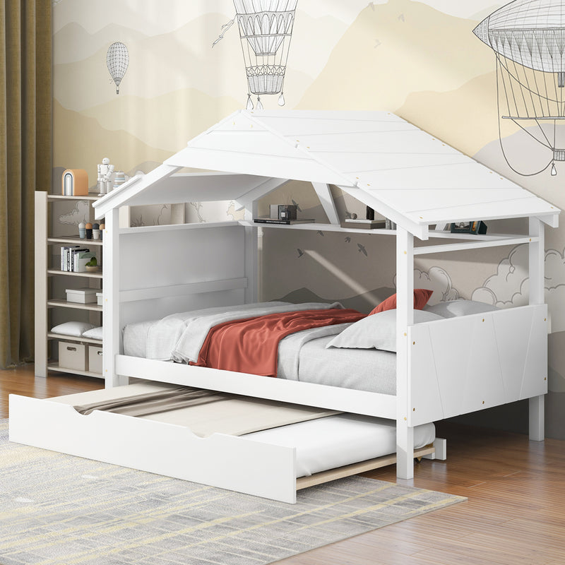 Wood Twin Size House Bed with Trundle and Storage, White