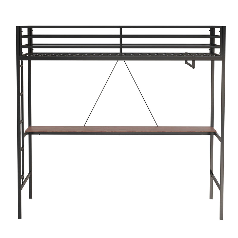 Adam - Twin Loft Bunk Bed With Cinnamon Wood Desk And Closet Rod - Black