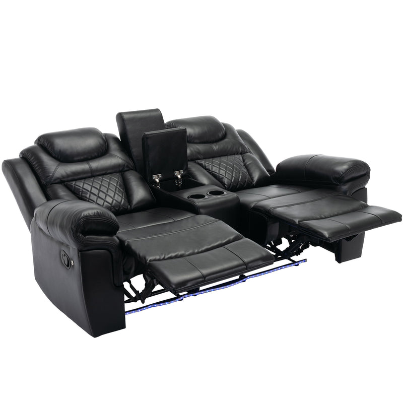 3 Pieces Recliner Sofa Sets Home Theater Seating Manual Recliner Chair With Center Console And Led Light Strip For Living Room