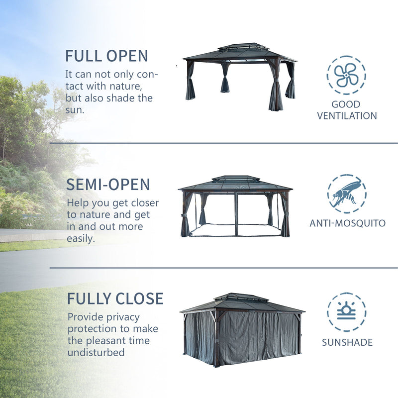 Hardtop Gazebo For Patios, Outdoor Framed Gazebo With Polycarbonate Double Roof Canopy, Solid Framed Gazebo With Privacy Curtains And Mosquito Nettings For Garden, Backyard