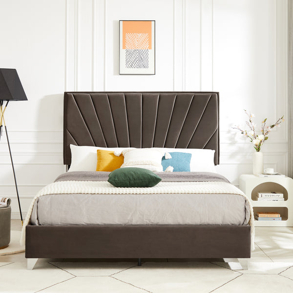 B108 Full bed Beautiful line stripe cushion headboard , strong wooden slats + metal legs with Electroplate