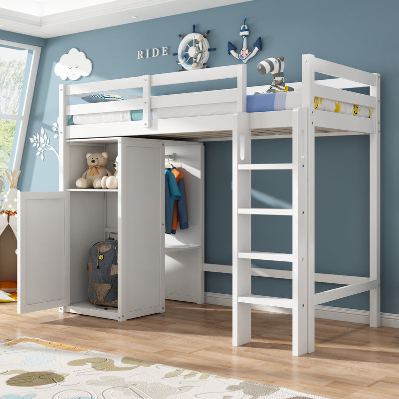 Twin Loft Bed with Wardrobe, Storage Shelves and Ladder, White