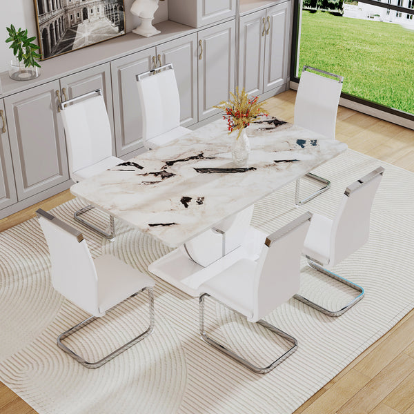 Table and chair set, modern minimalism and luxurious white rectangular pattern dining table.  Soft and comfortable dining chair, for dining room, living room, terrace and kitchen.