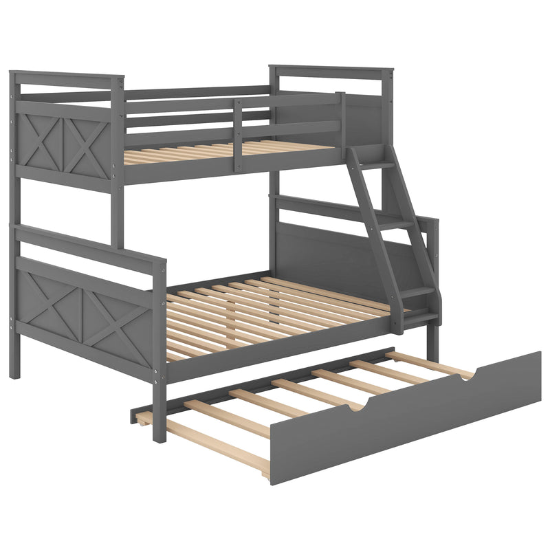 Twin over Full Bunk Bed with Ladder, Twin Size Trundle, Safety Guardrail, Gray(Old SKU:SM000208AAE-1)