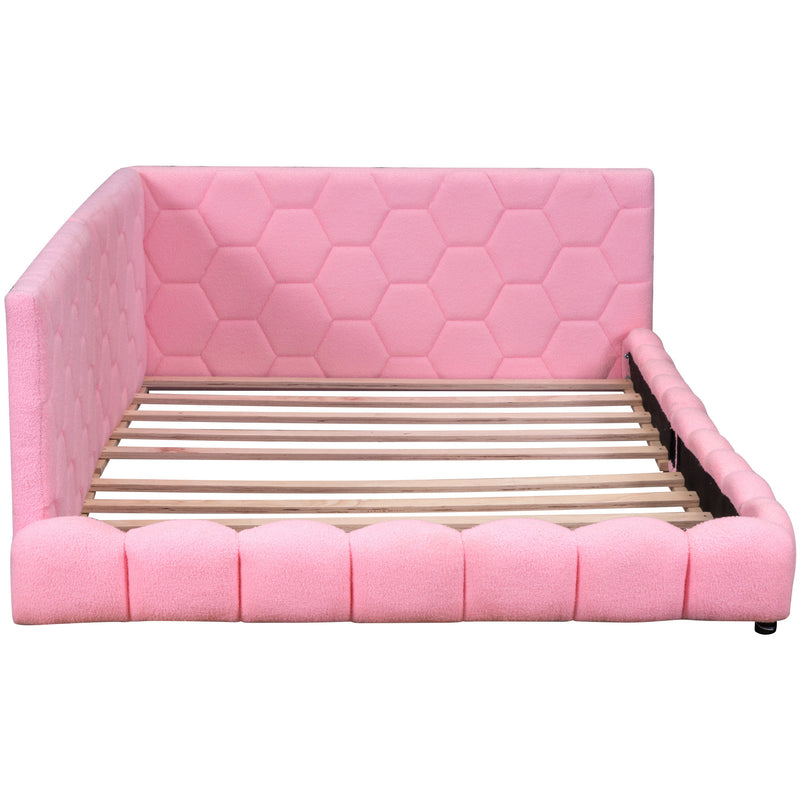 Upholstered Full Size platform bed with USB Ports and LED belt, Pink