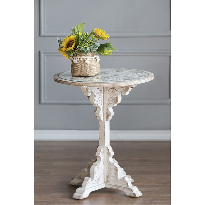 Round Wooden Carved Table, Distressed Finish Design - Antique White