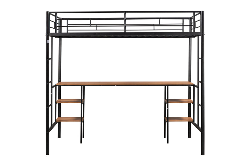 Twin-size Loft Bed with Table & Shelves/ Heavy-duty Sturdy Metal/ Built-in Table & Shelves/ Noise Reduced/ Safety Guardrail/ 2 Side Ladders/ CPC Certified/ No Box Spring Needed