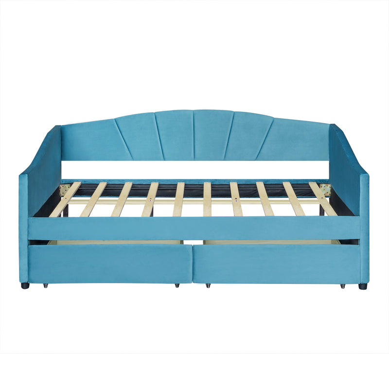 Upholstered daybed Twin Size with Two Drawers and Wood Slat  ,Blue