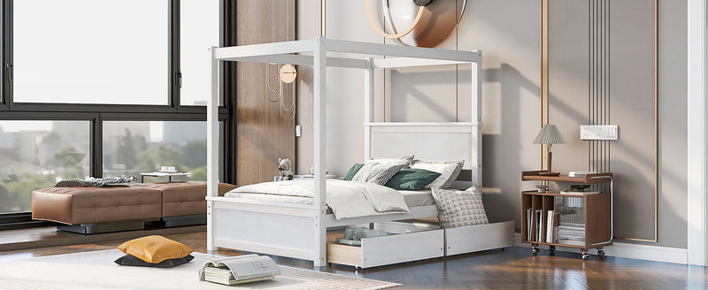 Wood Canopy Bed with two Drawers, Full Size Canopy Platform bed With Support Slats .No Box Spring Needed, Brushed White