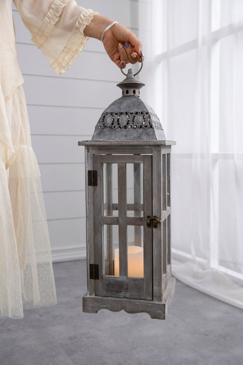 Wooden Candle Lantern Decorative, Hurricane Lantern Holder Decor For Indoor Outdoor, Home Garden Wedding (Set of 2) - Gray