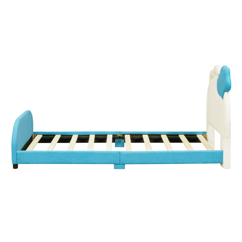 Twin Size Upholstered Platform Bed with Cloud-Shaped Headboard and Embedded Light Stripe, Velvet, Blue