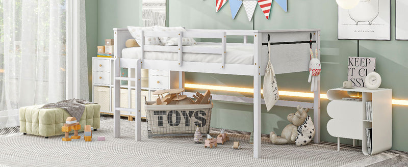 Wood Twin Size Loft Bed with Hanging Clothes Racks, White