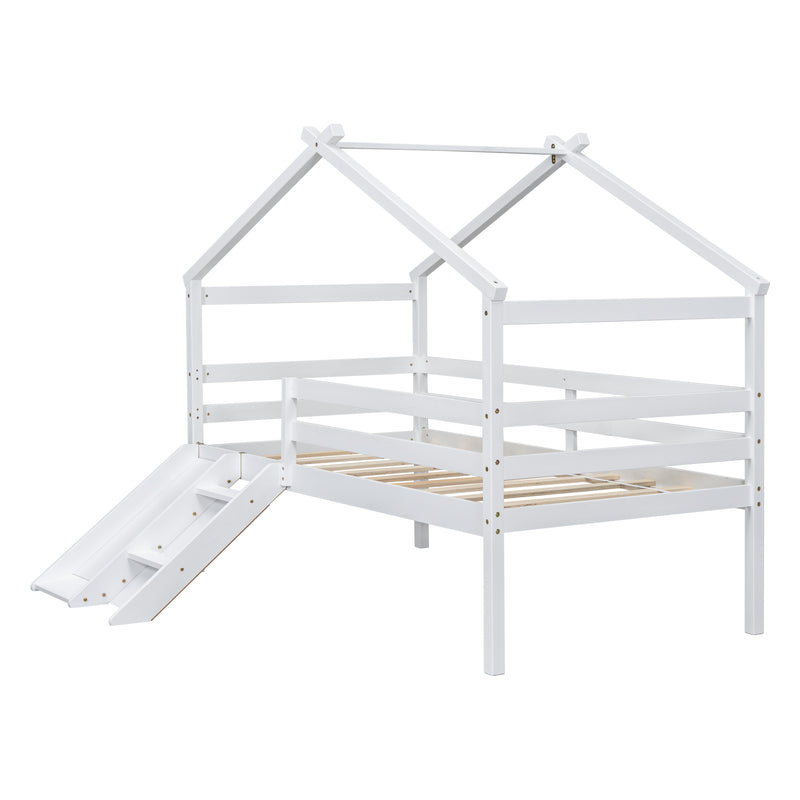 Twin Low Loft House Bed with Slide,  Ladder, Safety Guardrails, House Roof Frame,White