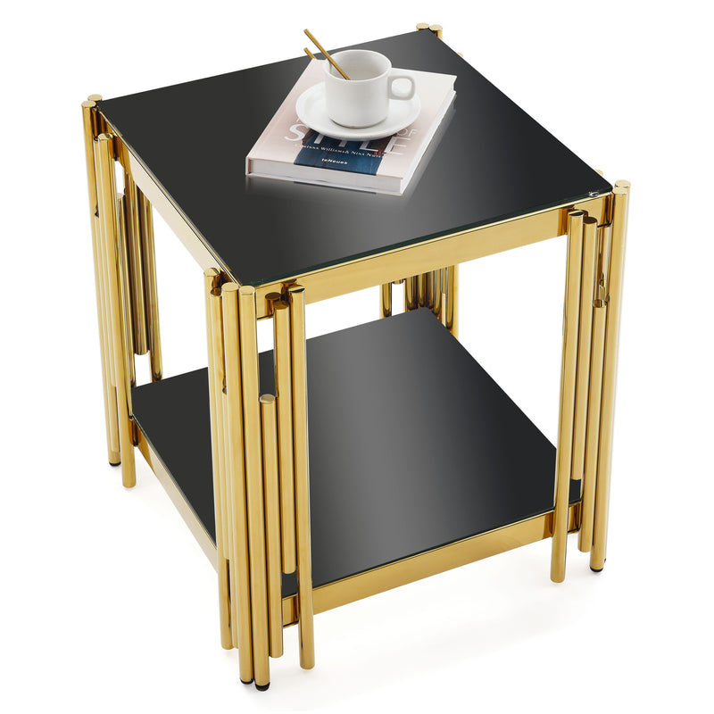 Square End Table With Tempered Glass Top For Living Room - Black / Gold