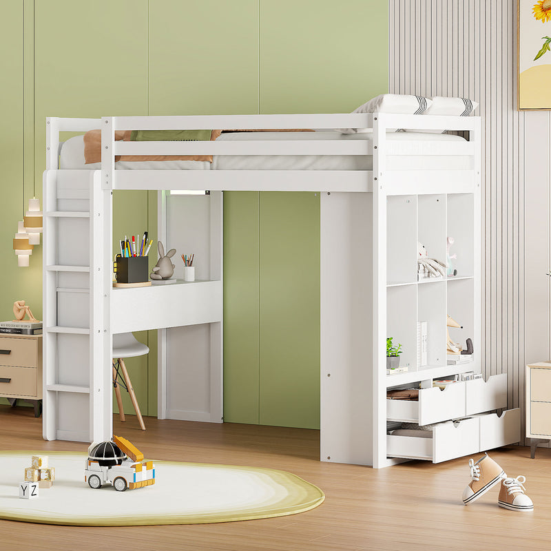 Twin Size Loft Bed with large shelves, writing desk and LED Light, White