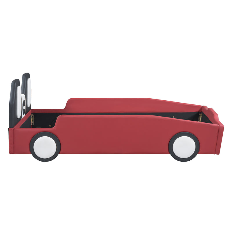 Twin Size Race Car-Shaped Platform Bed with Wheels,Red