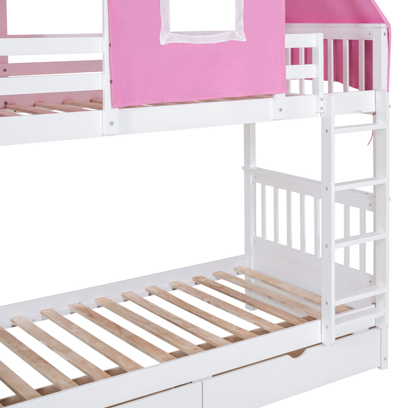 Twin Over Twin Bunk Bed Wood Bed with Tent and Drawers, White+Pink Tent