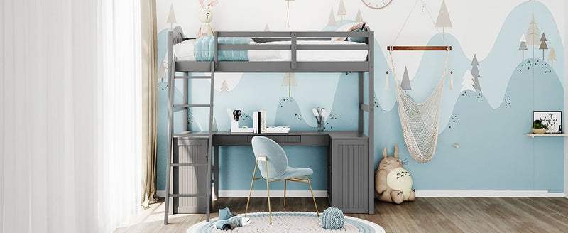 Twin size Loft Bed with Drawers, Cabinet, Shelves and Desk, Wooden Loft Bed with Desk - Gray(OLD SKU :LT000505AAE)