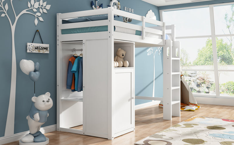 Twin Loft Bed with Wardrobe, Storage Shelves and Ladder, White