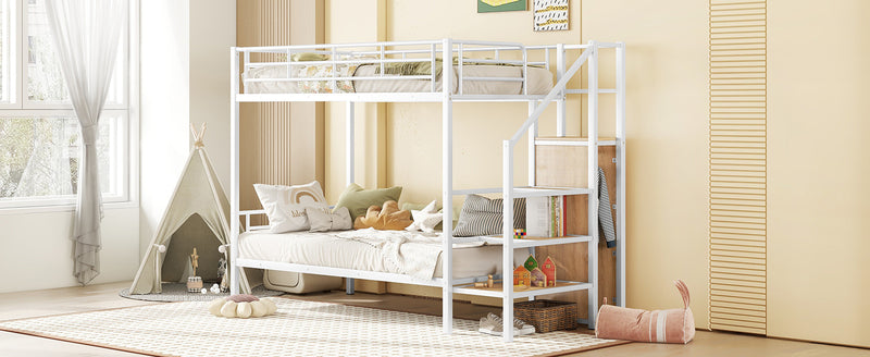 Twin Over Twin Metal Bunk Bed with Lateral Storage Ladder and Wardrobe, White