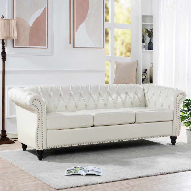 84.65" Rolled Arm Chesterfield 3 Seater Sofa - White