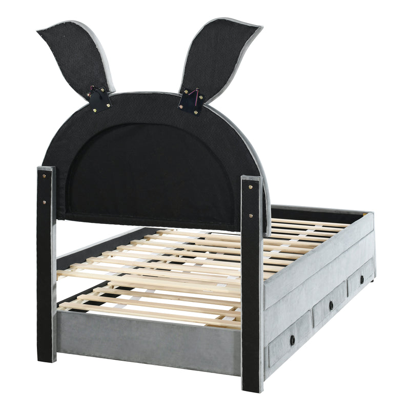 Twin Size Upholstered Platform Bed with Trundle and 3 Drawers, Rabbit-Shaped Headboard with Embedded LED Lights, Gray