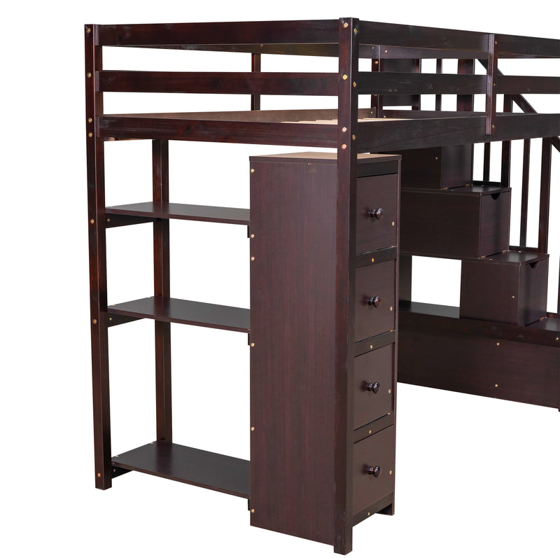 Twin size Loft Bed with Storage Drawers and Stairs, Wooden Loft Bed with Shelves - Espresso